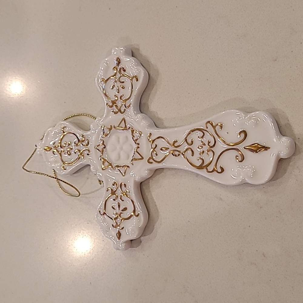 White & Gold Porcelain Cross Ornament